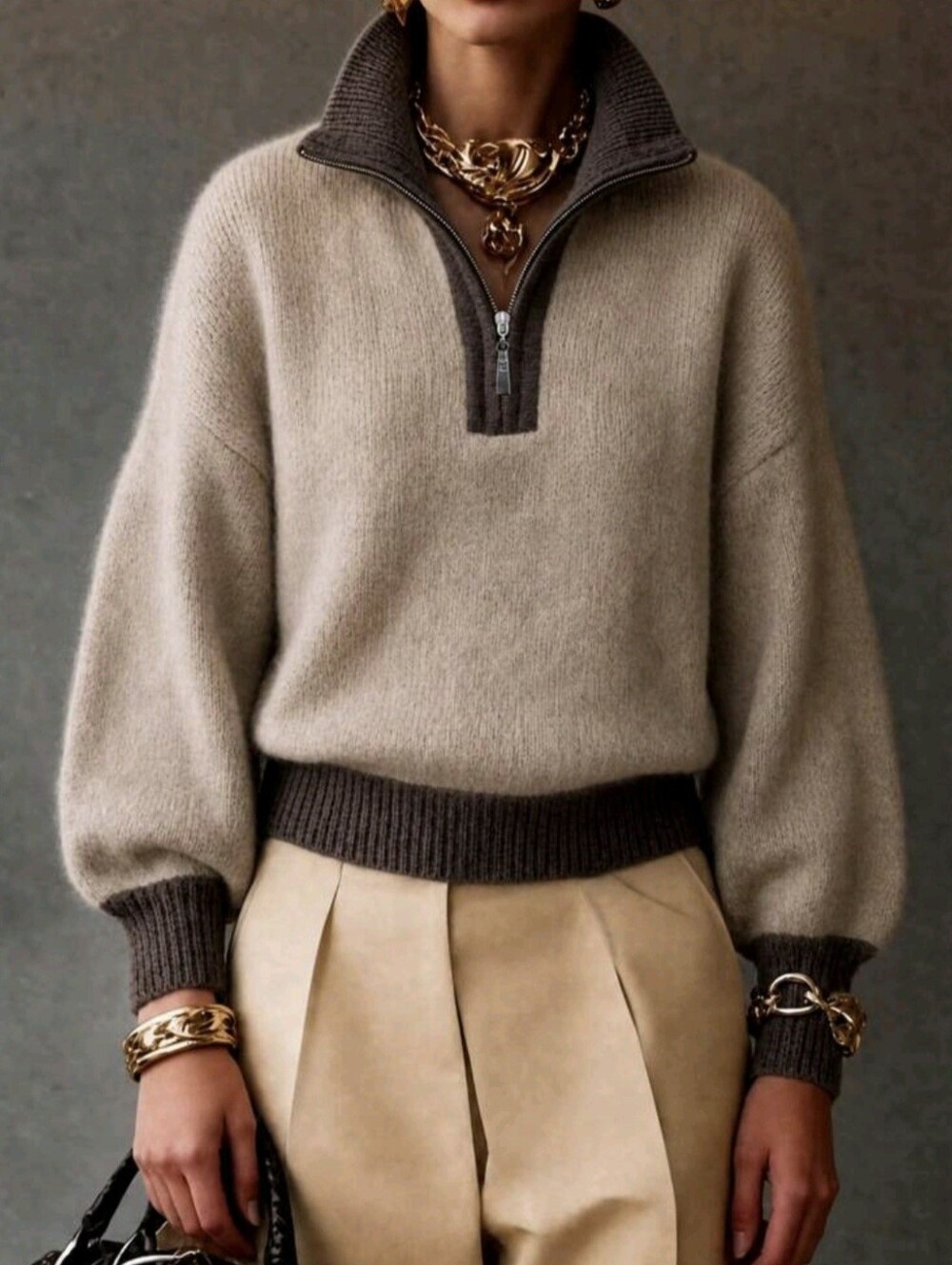 Women's Colorblock Drop Shoulder Half-Zip Stand Collar Sweater